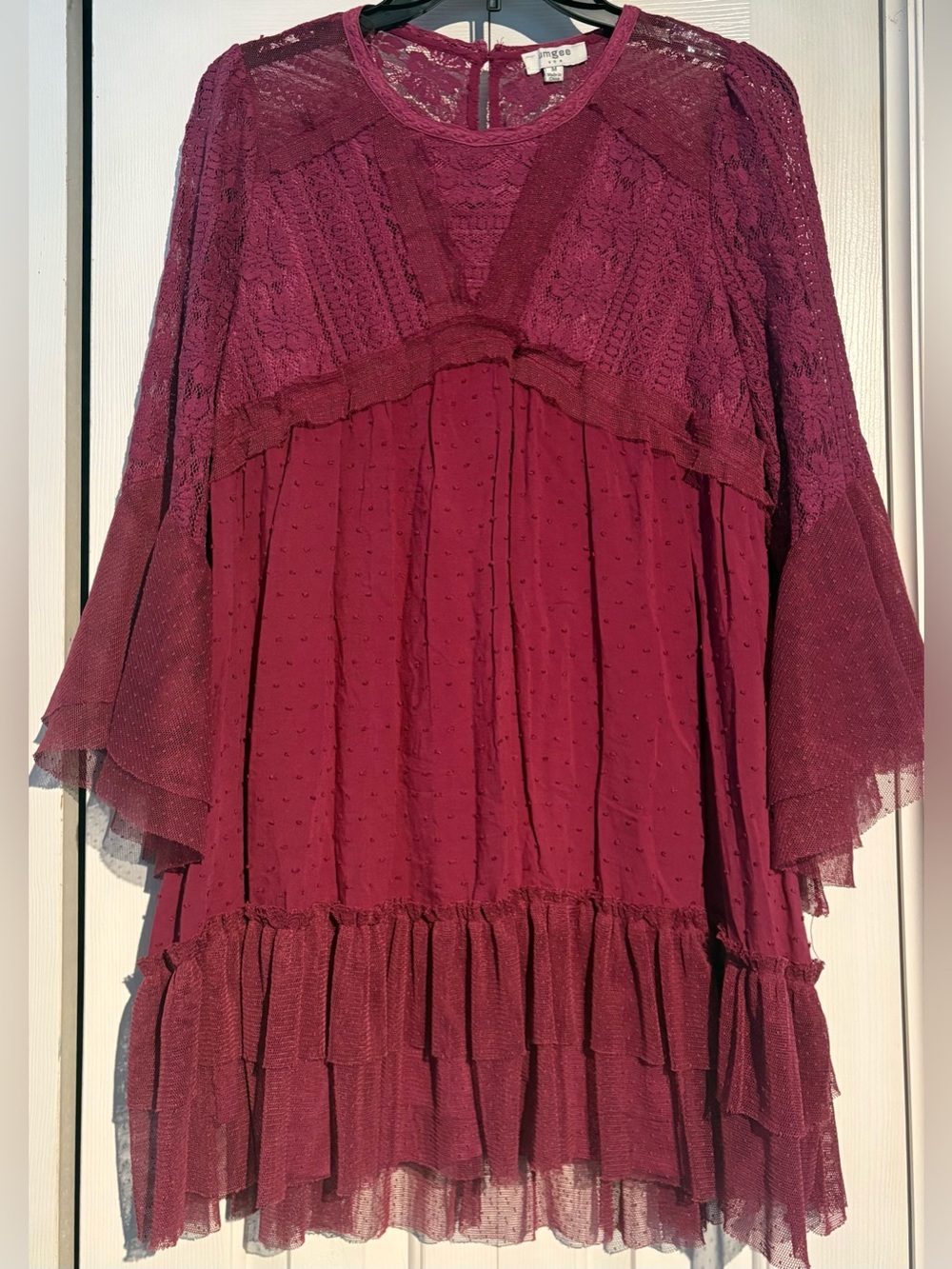 Umgee Burgundy Lace & Dot Mesh Tunic Dress